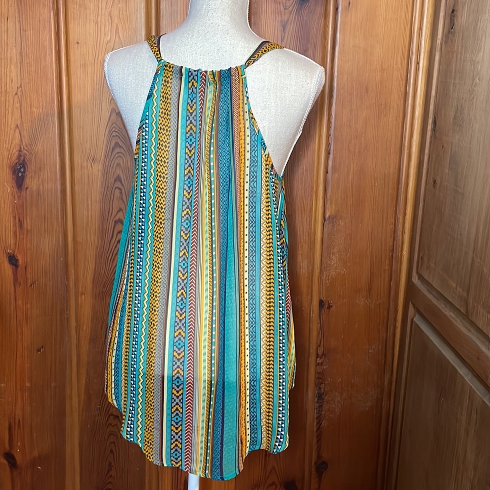 Umgee Sheer Teal & Orange Tribal Vertical Striped Tank Top - Picture 4 of 8